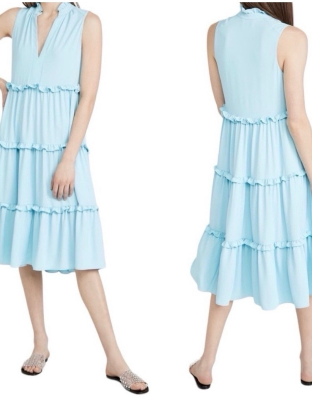 Amanda Uprichard Sky Blue Sleeveless Tiered Ruffle Midi Dress